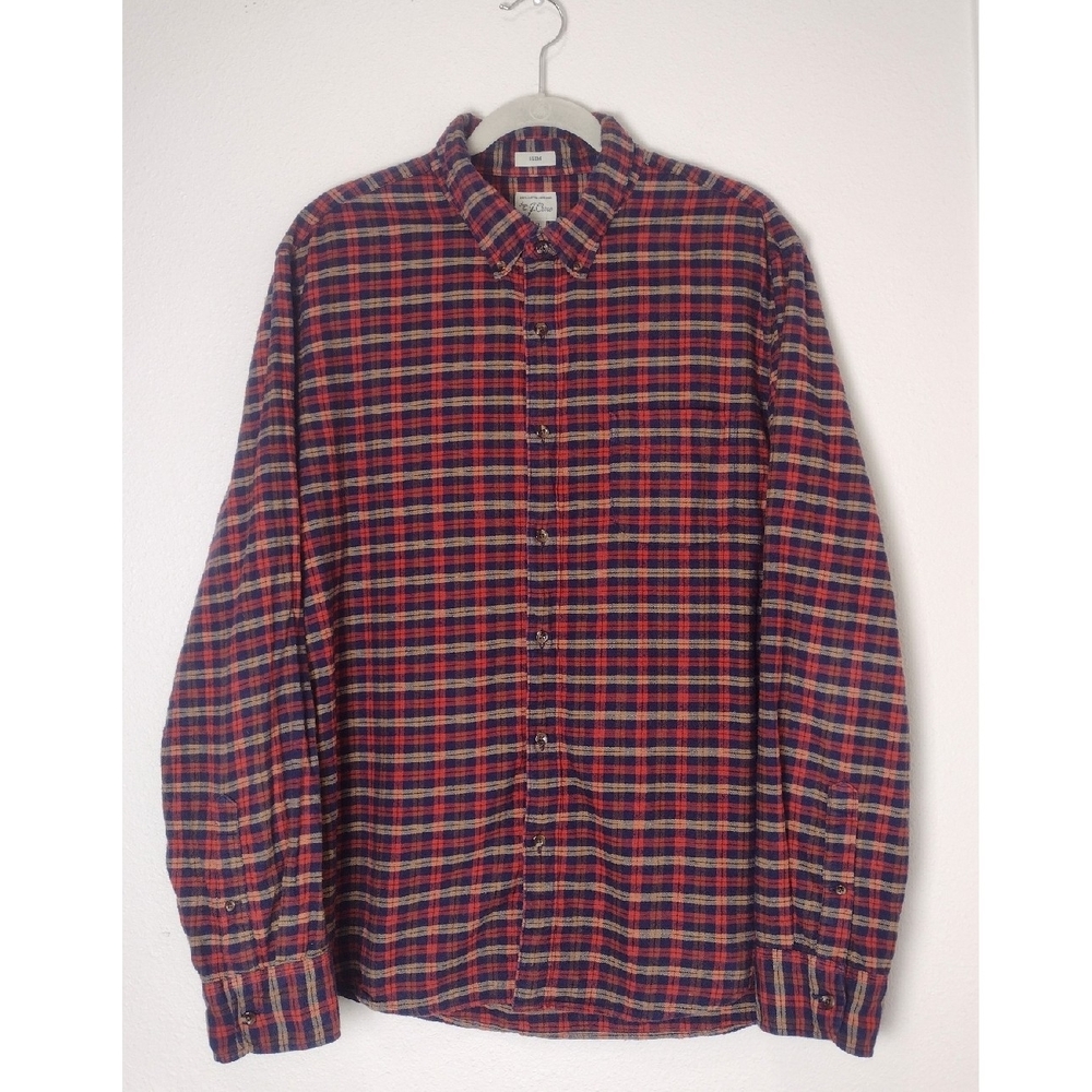 J. Crew Slim Fit Cotton Flannel Button Up Shirt Blue Orange Plaid Men's Size XL